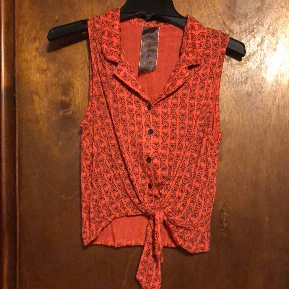 Moon Collection juniors xl owl button up crop tie sleeveless blouse